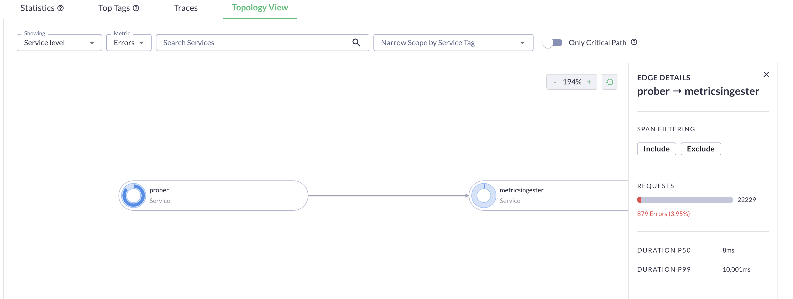 Topology View with a service selected